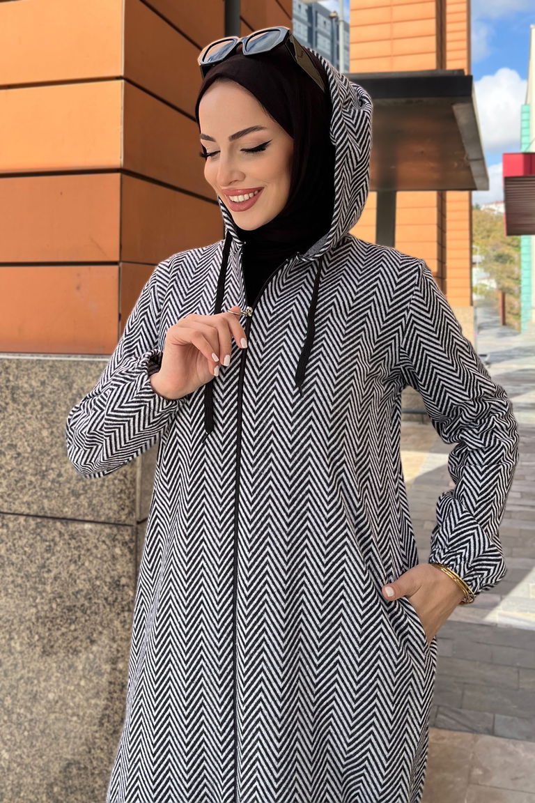 Zikzak Desenli Fermuarlı Jakar Kap - 27813-GRI - TOFİSA