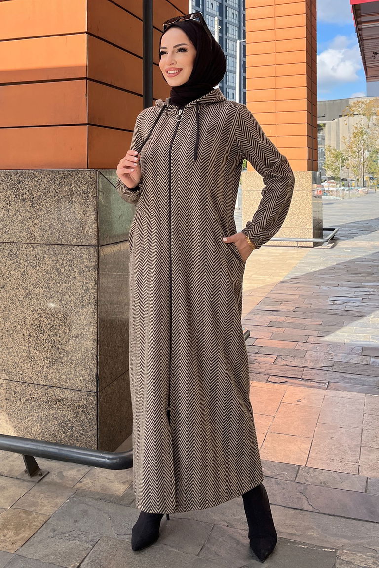 Zikzak Desenli Fermuarlı Jakar Kap - 27813-VIZON - TOFİSA