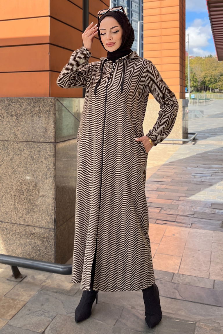 Zikzak Desenli Fermuarlı Jakar Kap - 27813-VIZON - TOFİSA