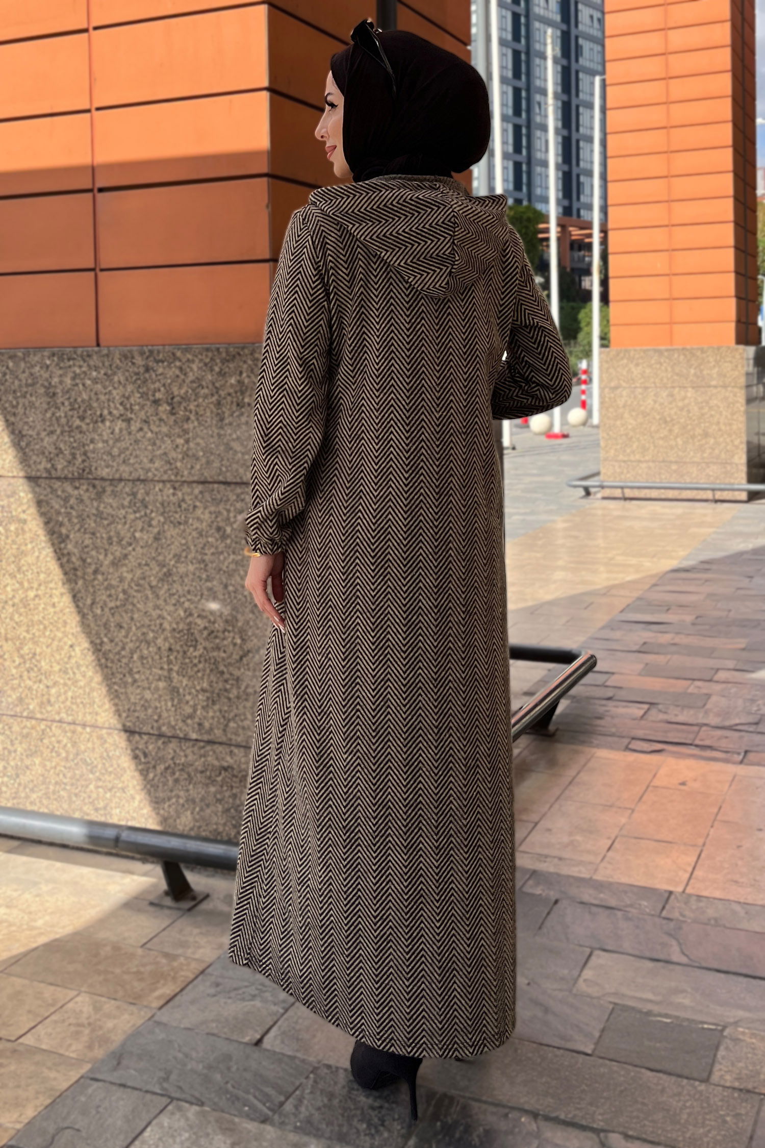 Zikzak Desenli Fermuarlı Jakar Kap - 27813-VIZON - 4