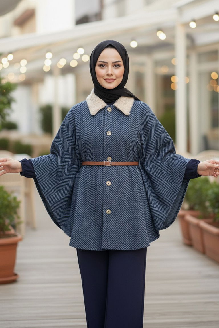 Zikzak Desenli Kemerli Pamço - 27987-INDIGO - TOFİSA