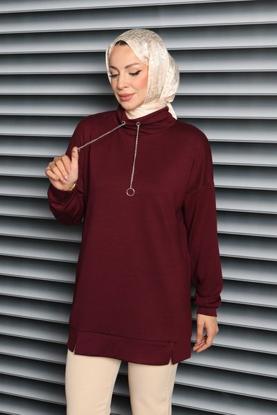 Zincir Detaylı Modal Tunik - 27916-BORDO 