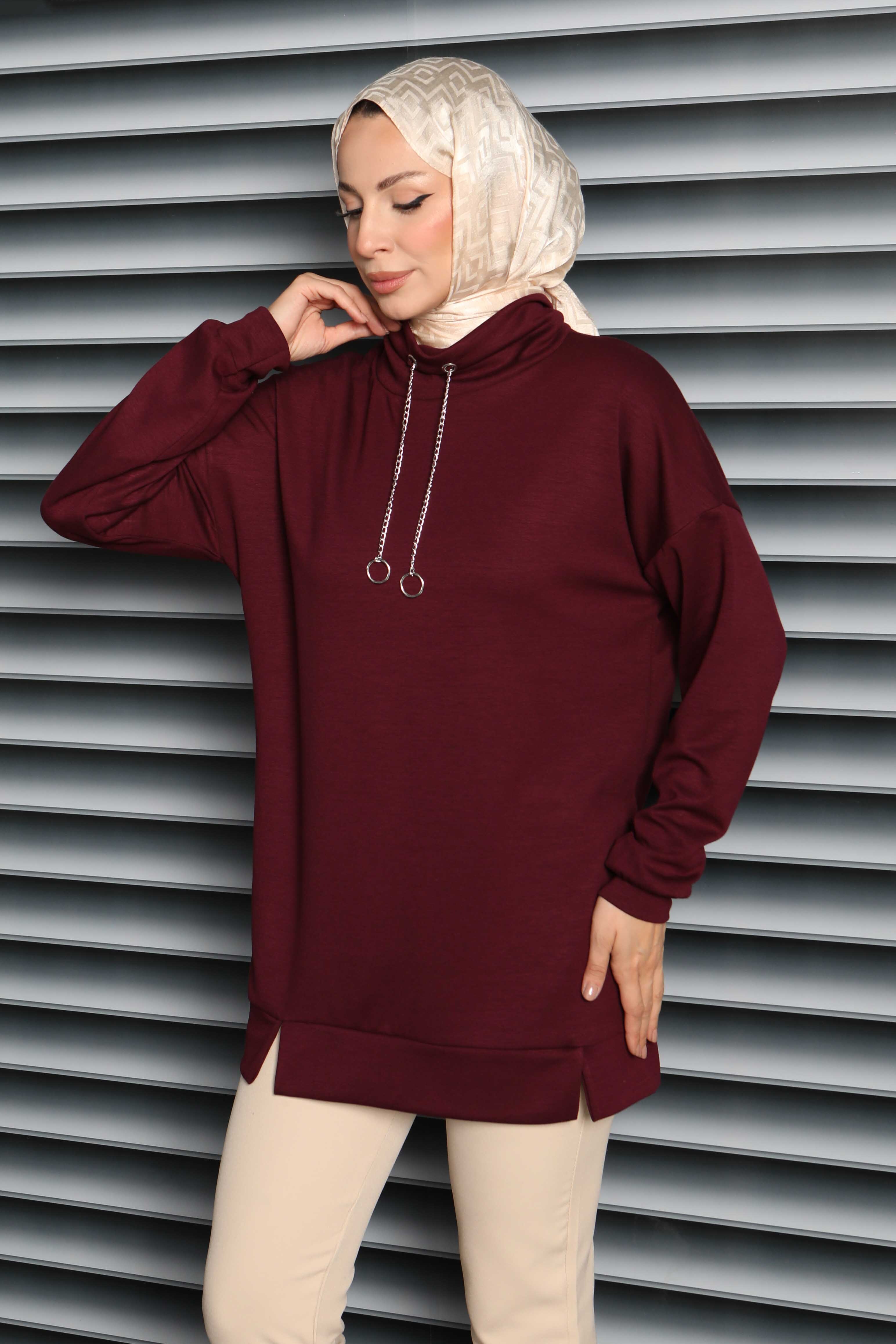 Zincir Detaylı Modal Tunik - 27916-BORDO - 2