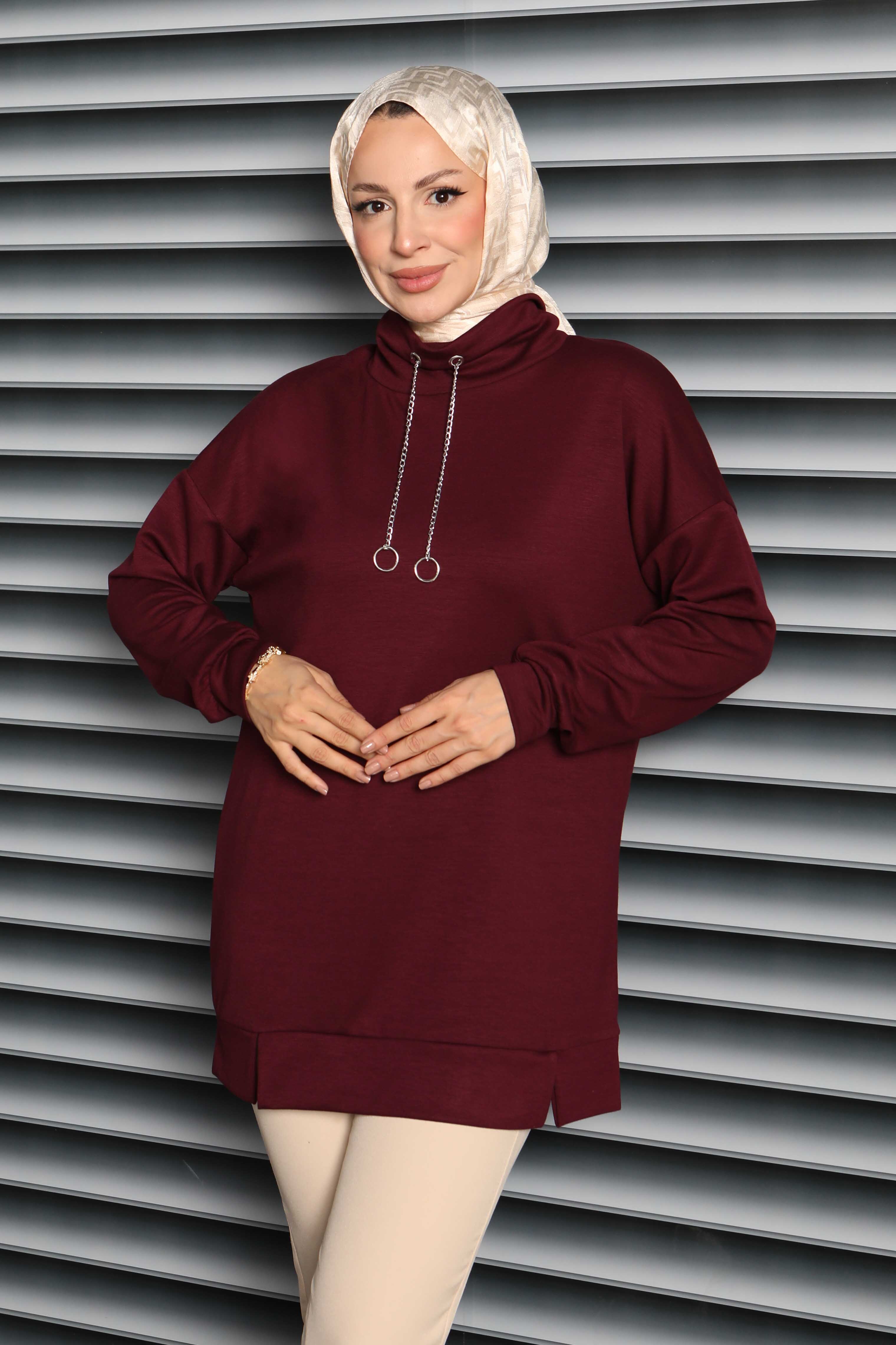 Zincir Detaylı Modal Tunik - 27916-BORDO - 3