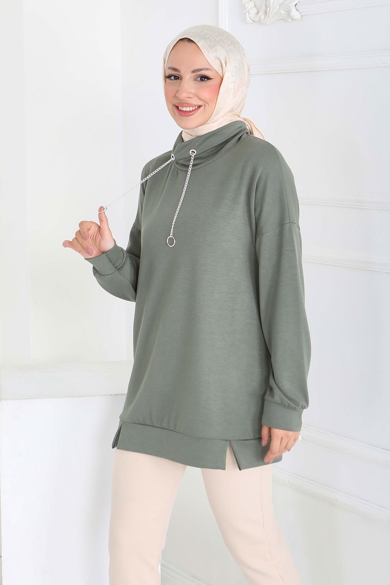 Zincir Detaylı Modal Tunik - 27916-HAKI - TOFİSA