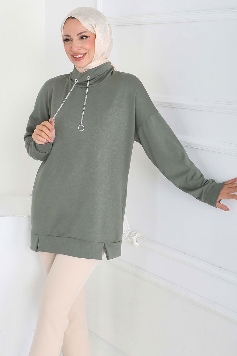 Zincir Detaylı Modal Tunik - 27916-HAKI - TOFİSA