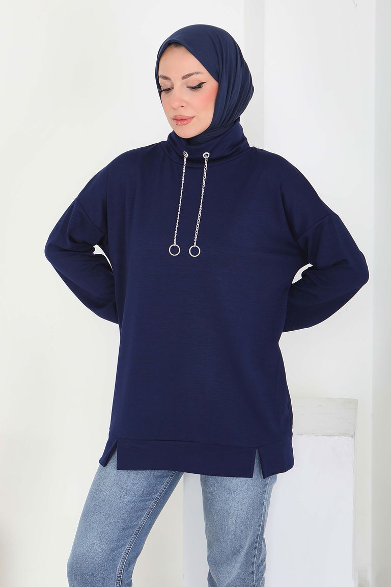 Zincir Detaylı Modal Tunik - 27916-LACIVERT - TOFİSA