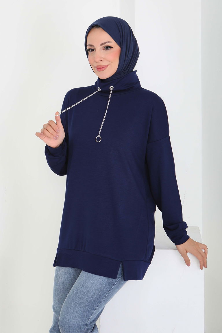 Zincir Detaylı Modal Tunik - 27916-LACIVERT - TOFİSA
