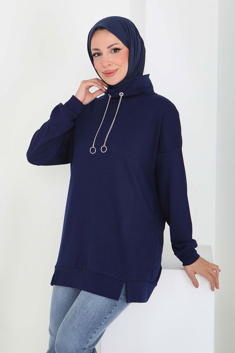 Zincir Detaylı Modal Tunik - 27916-LACIVERT - TOFİSA