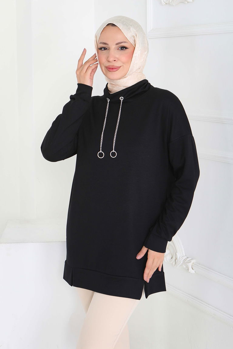 Zincir Detaylı Modal Tunik - 27916-SIYAH - TOFİSA