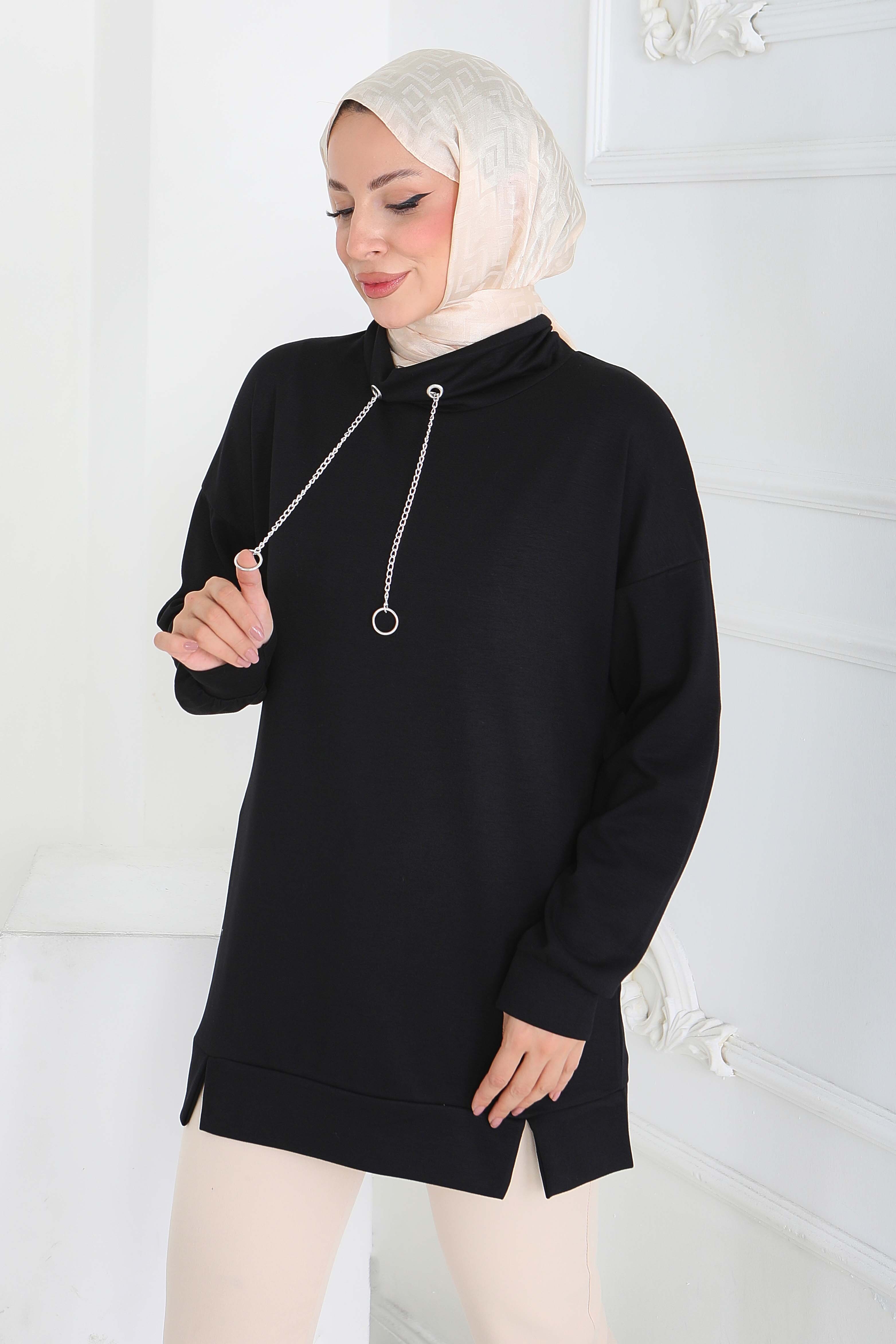 Zincir Detaylı Modal Tunik - 27916-SIYAH - 2