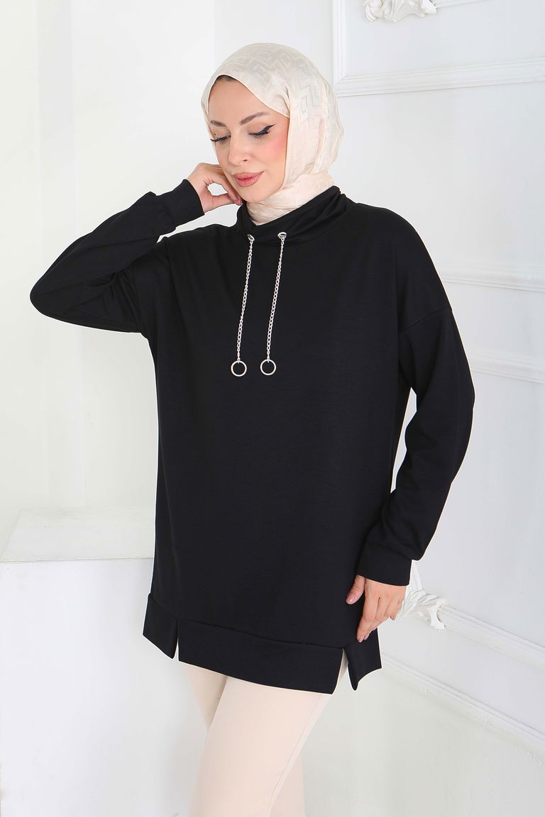 Zincir Detaylı Modal Tunik - 27916-SIYAH - TOFİSA