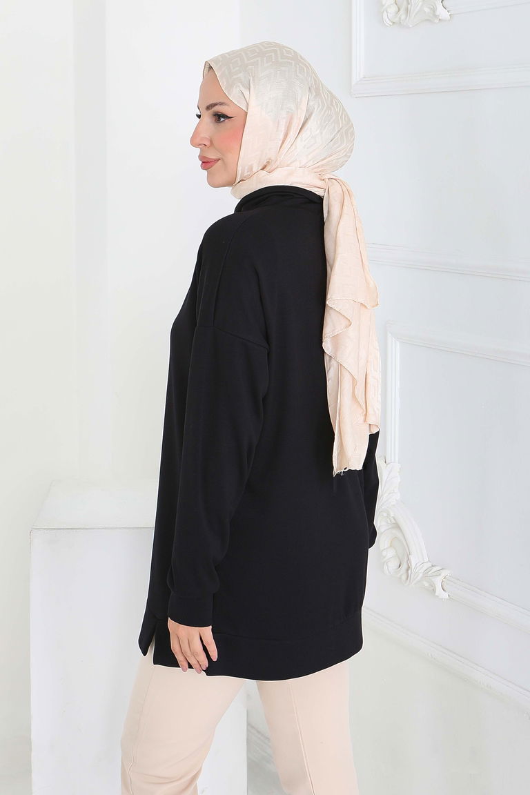 Zincir Detaylı Modal Tunik - 27916-SIYAH - TOFİSA