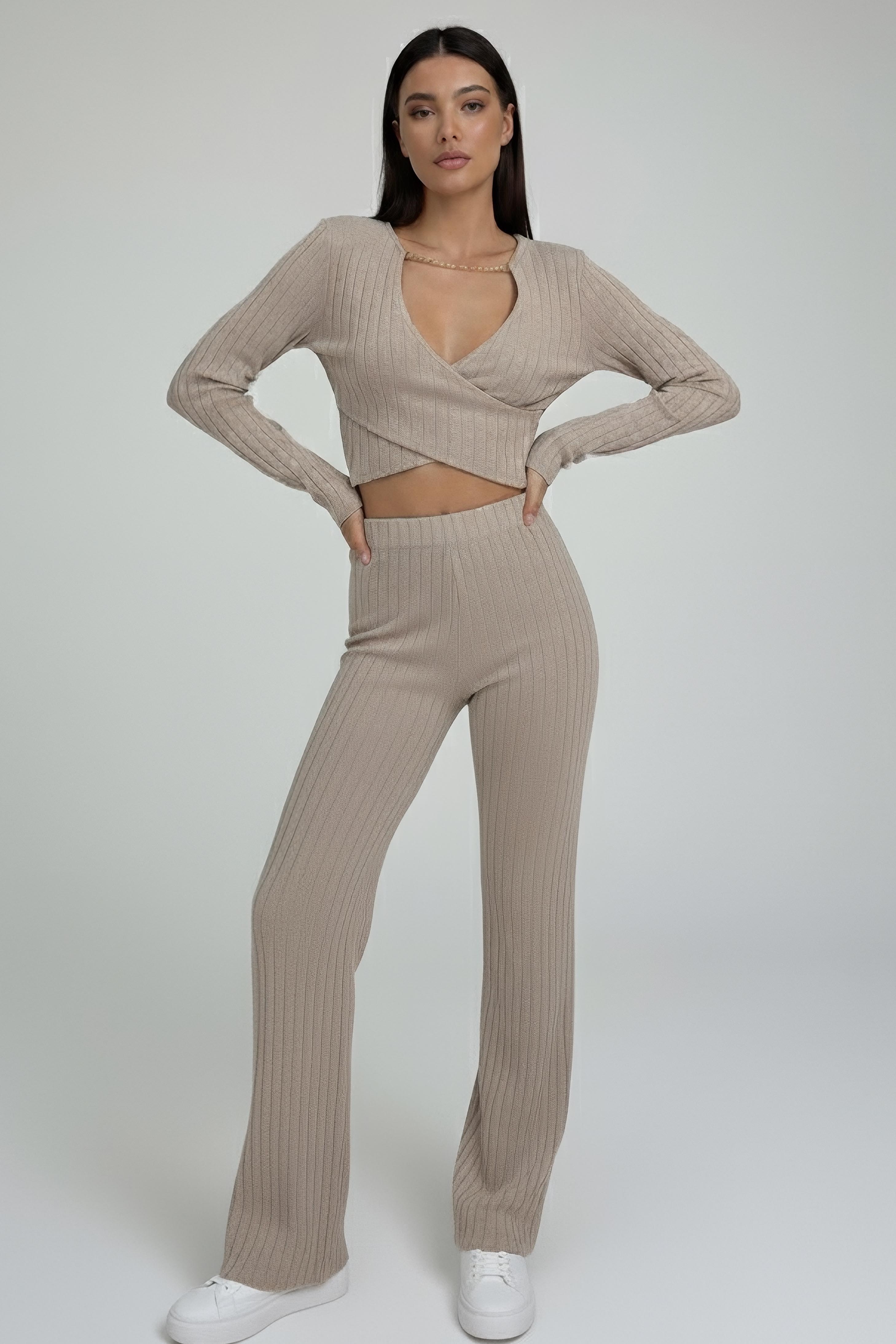 Zincirli Crop Pantolon Kaşkorse Takım - 27995-BEJ - 2