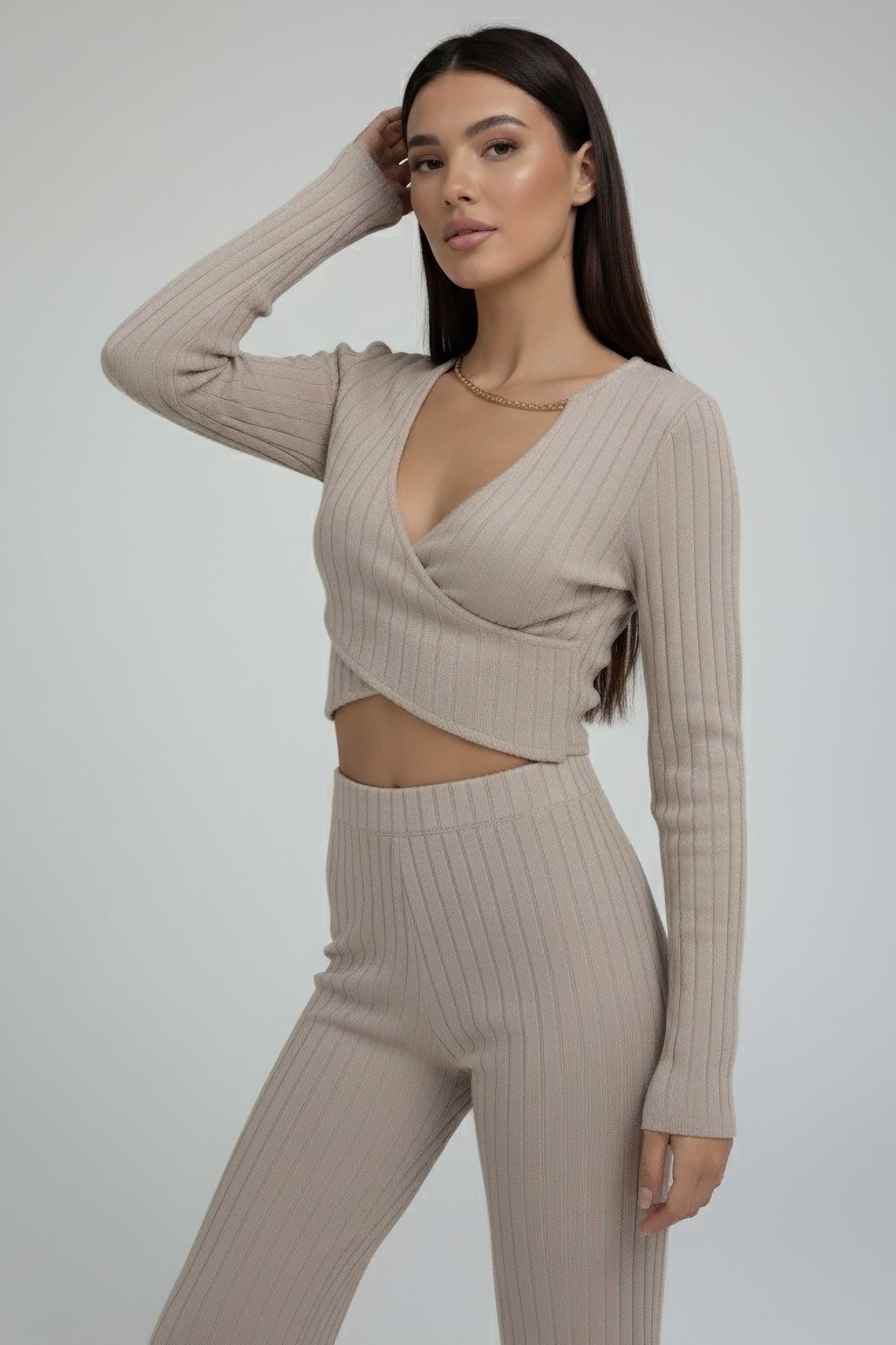 Zincirli Crop Pantolon Kaşkorse Takım - 27995-BEJ - 1