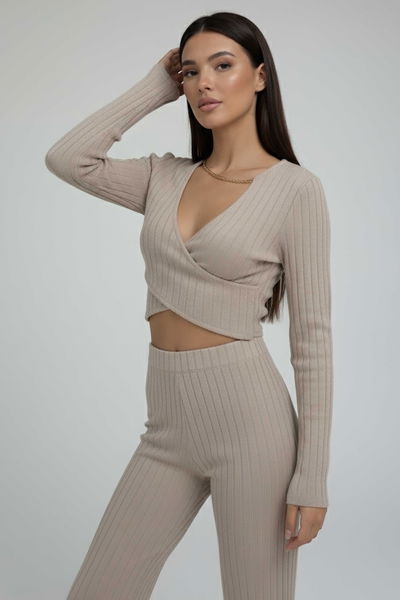 Zincirli Crop Pantolon Kaşkorse Takım - 27995-BEJ 