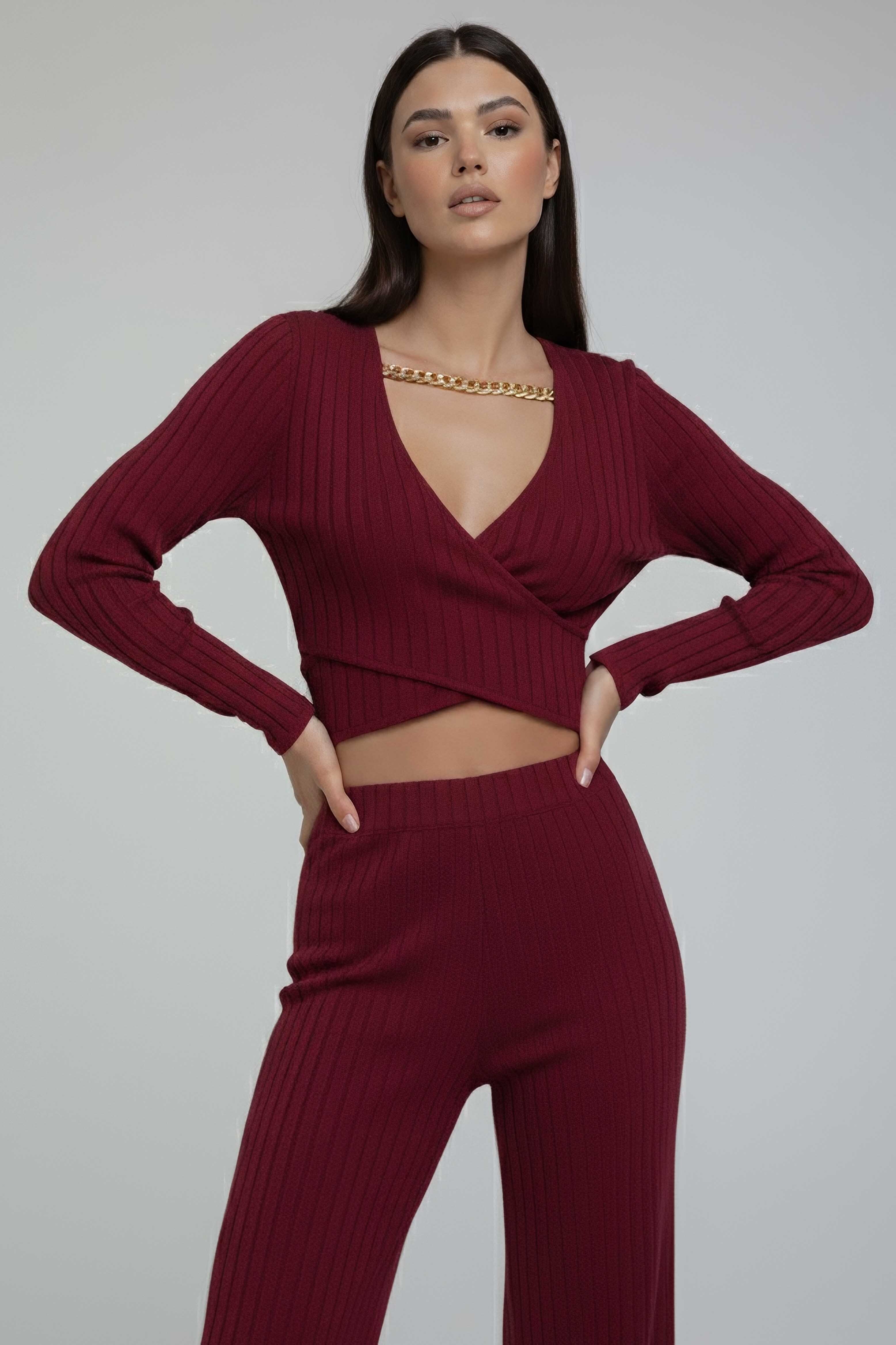 Zincirli Crop Pantolon Kaşkorse Takım - 27995-BORDO - 1
