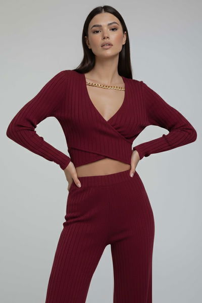 Zincirli Crop Pantolon Kaşkorse Takım - 27995-BORDO 