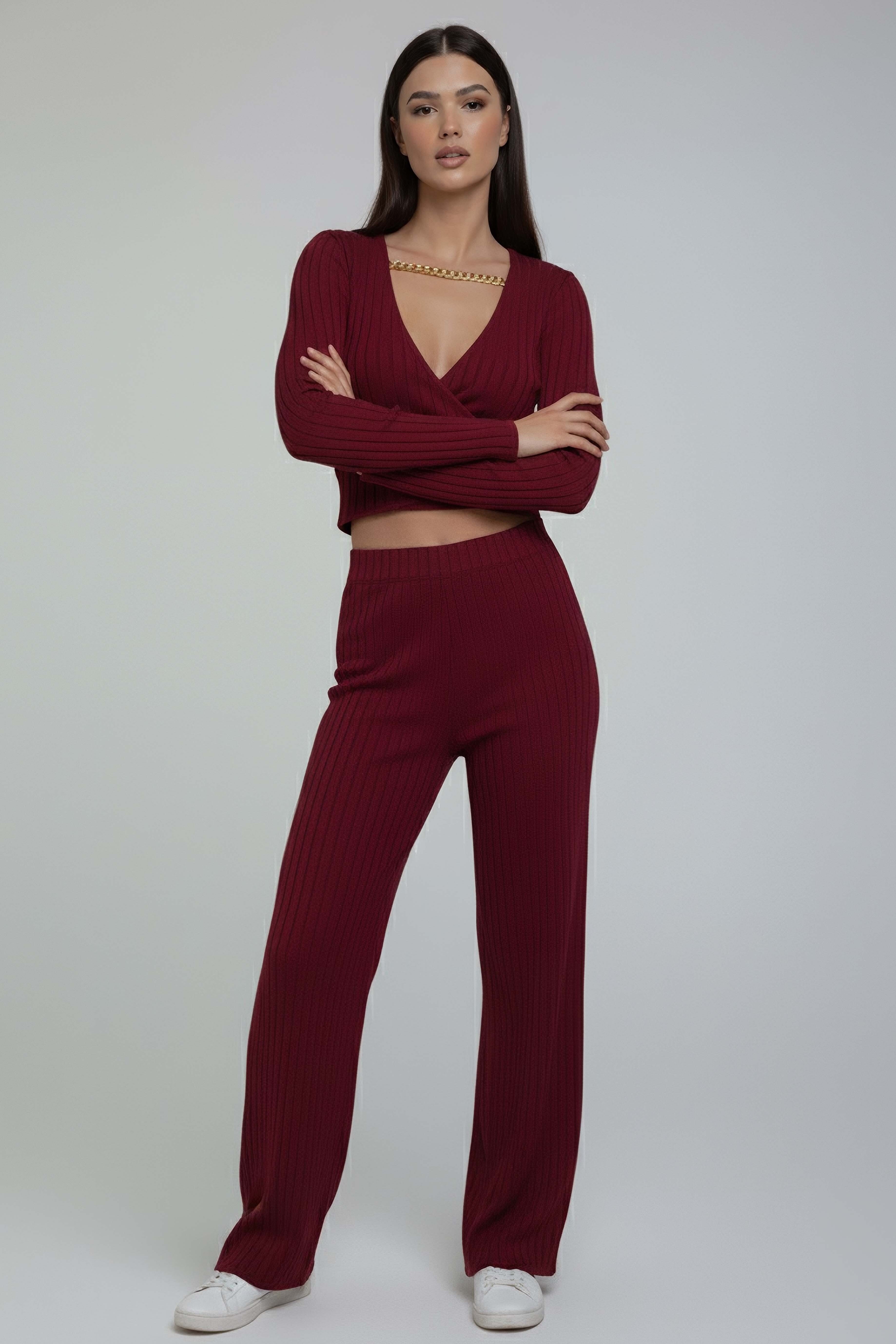 Zincirli Crop Pantolon Kaşkorse Takım - 27995-BORDO - 2