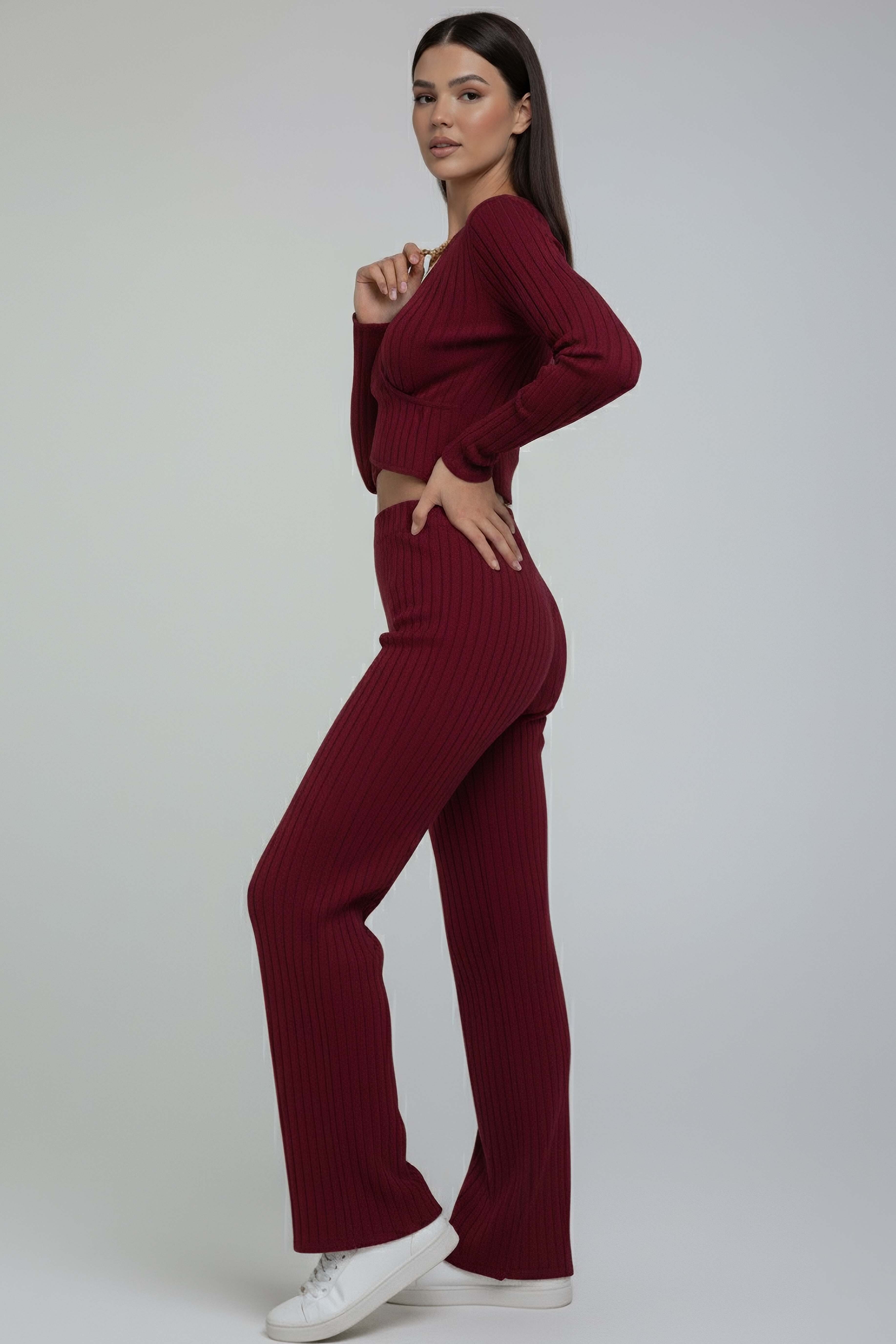 Zincirli Crop Pantolon Kaşkorse Takım - 27995-BORDO - 3