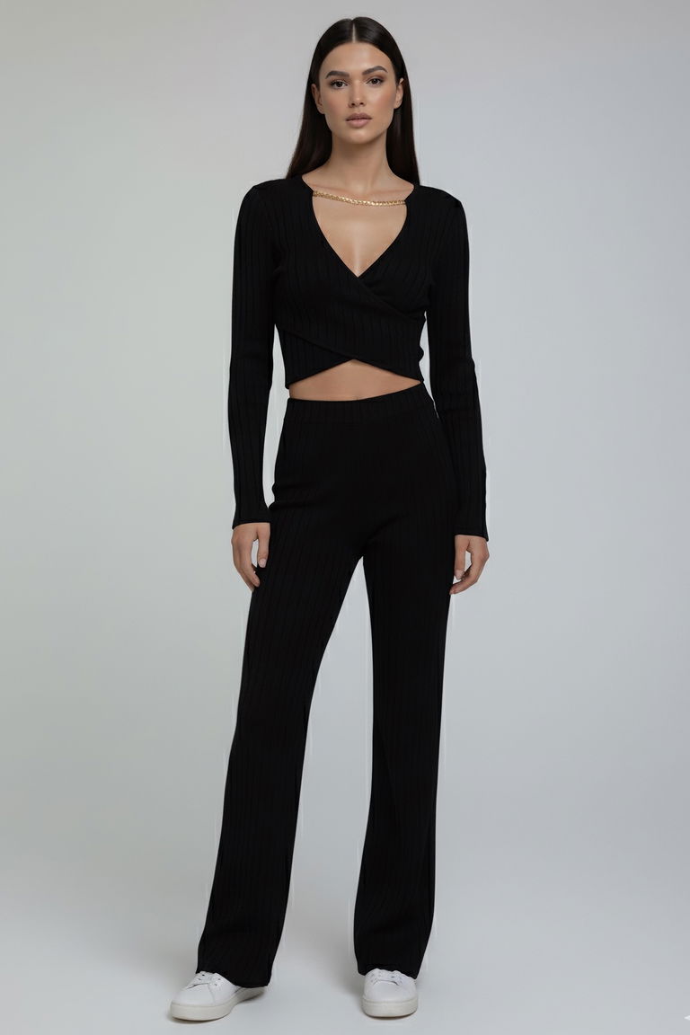 Zincirli Crop Pantolon Kaşkorse Takım - 27995-SIYAH - TOFİSA