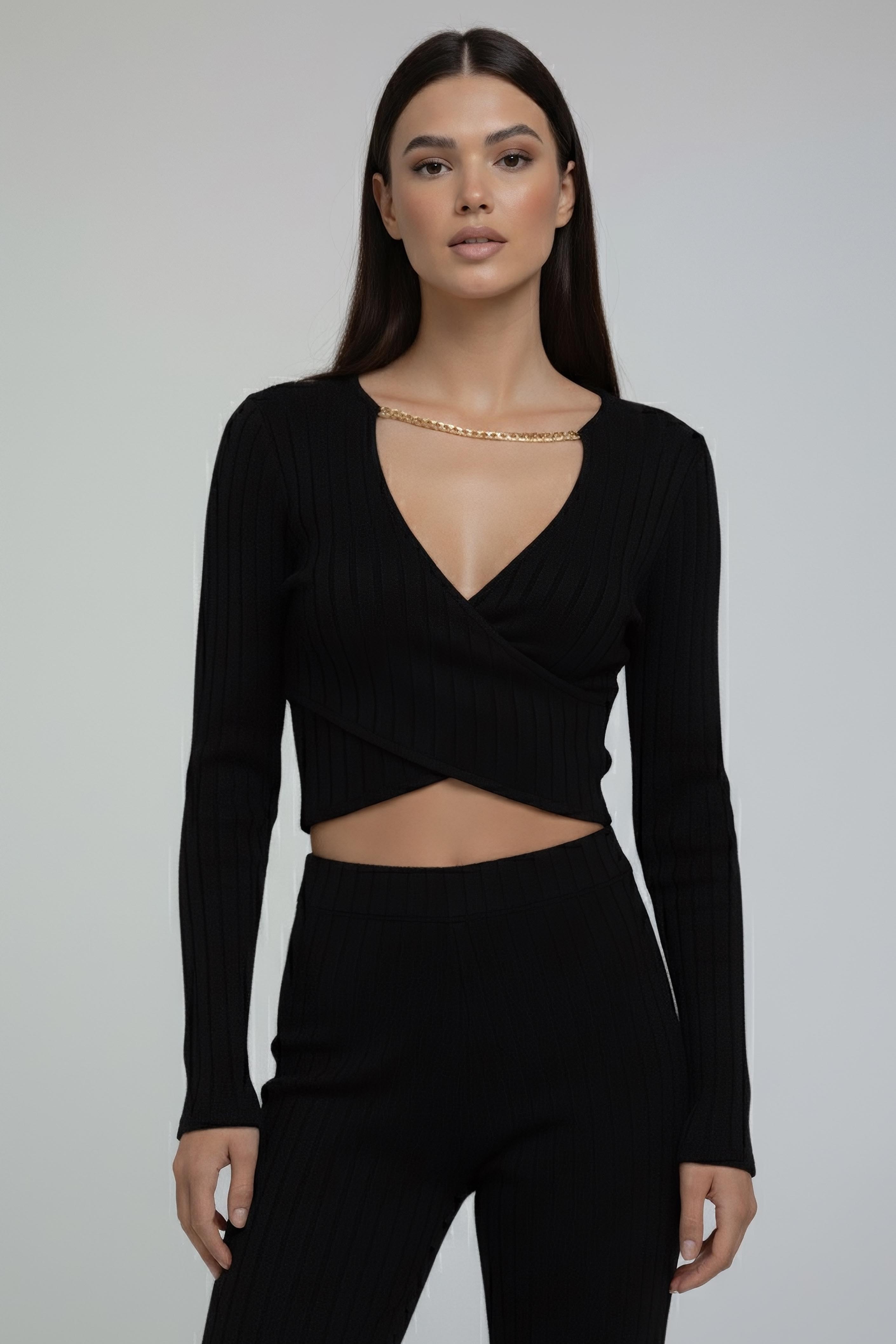 Zincirli Crop Pantolon Kaşkorse Takım - 27995-SIYAH - 2