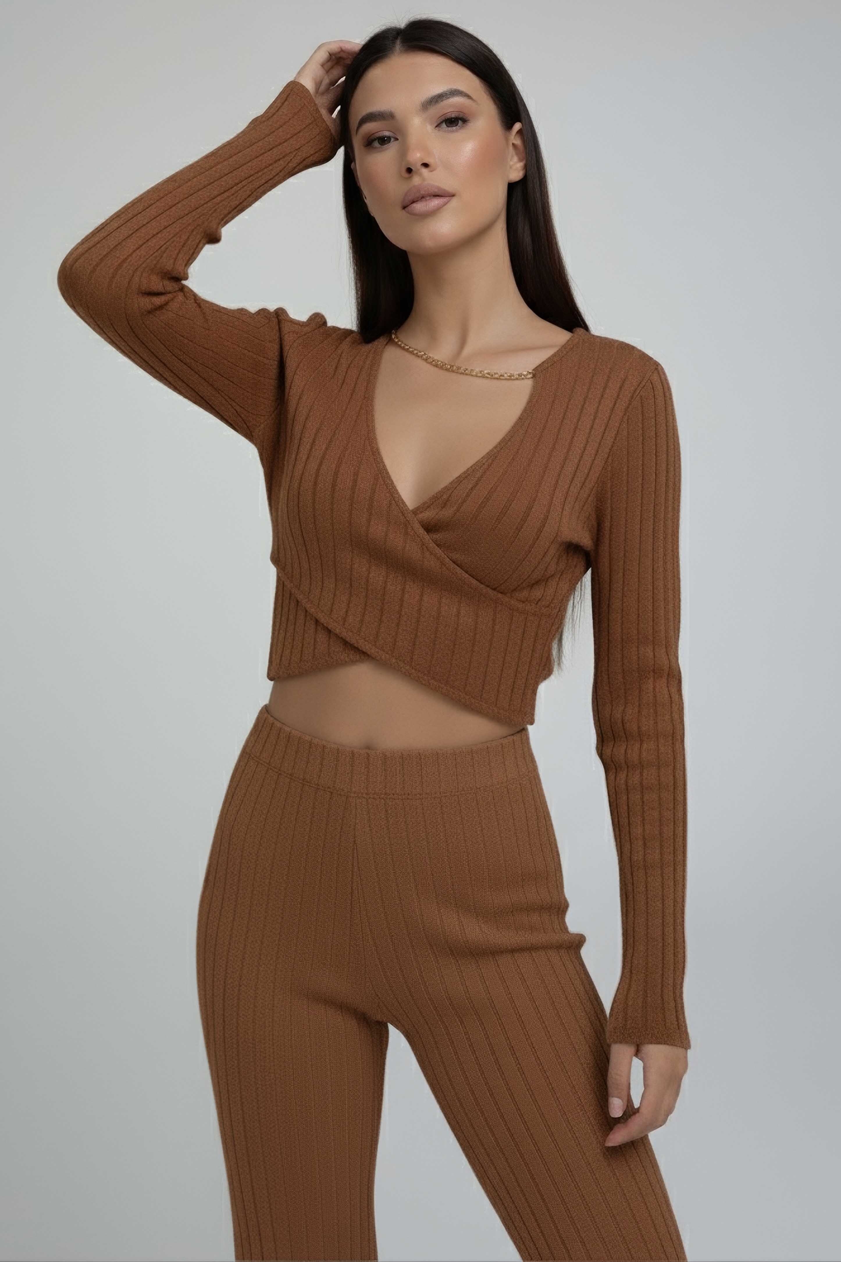 Zincirli Crop Pantolon Kaşkorse Takım - 27995-TABA - 2