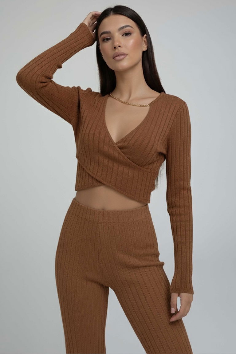 Zincirli Crop Pantolon Kaşkorse Takım - 27995-TABA - TOFİSA